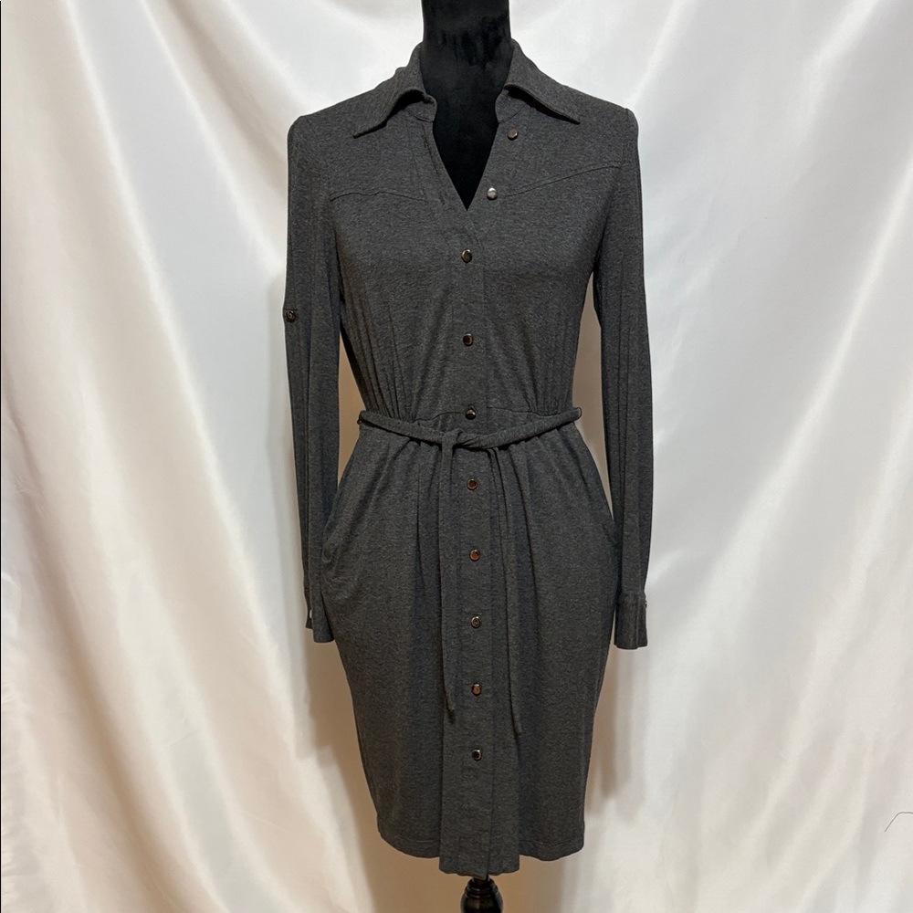 Nine West Charcoal Long Sleeve Shirt Dress with Tie Waist
